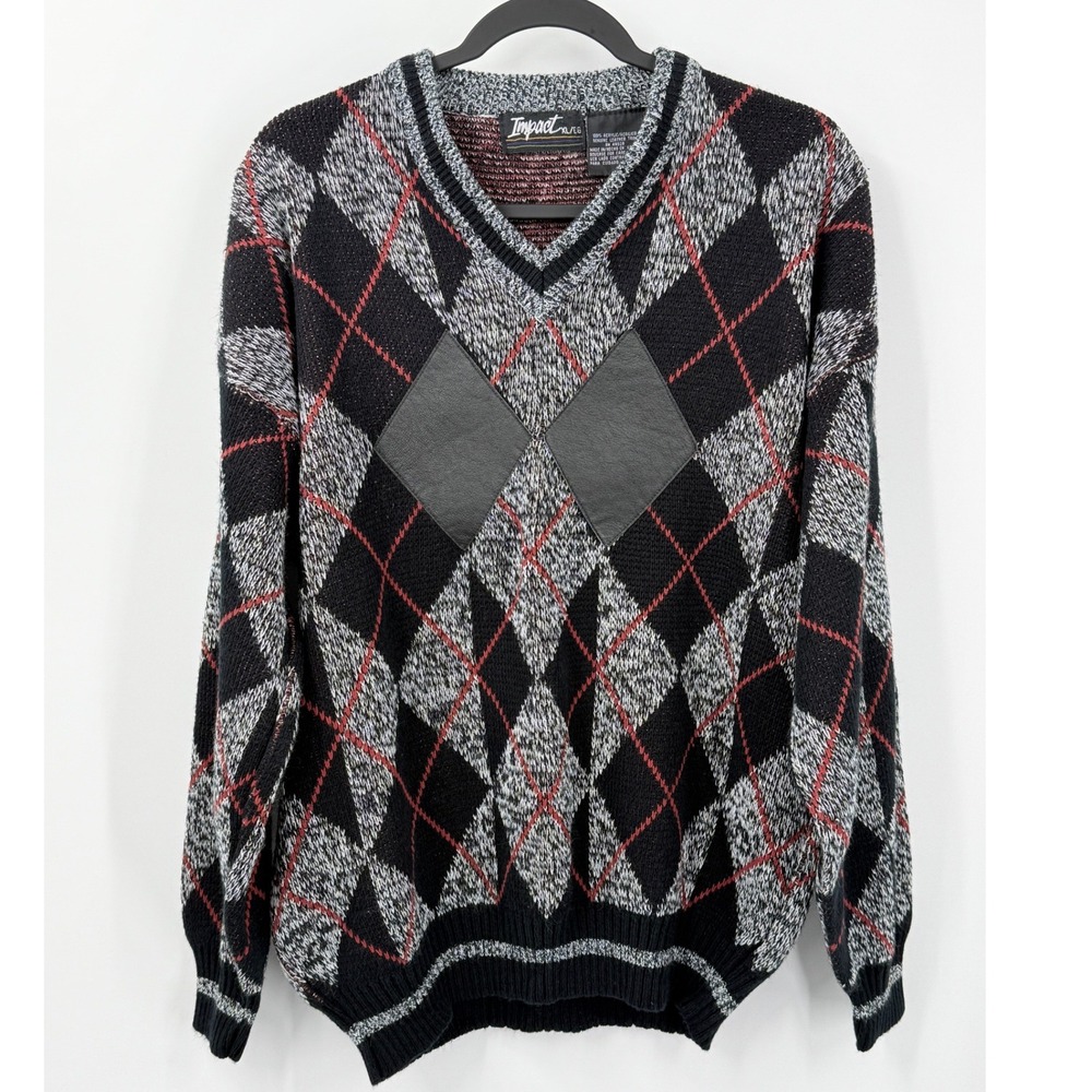 Vtg 80s Grandpa Argyle Sweater Mens sz XL Leather patchwork Cosby Theo Huxtable